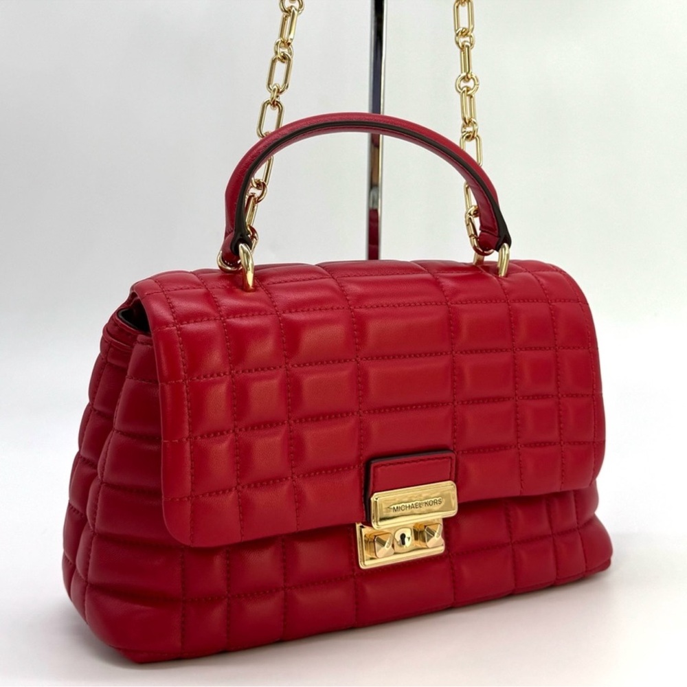 Michael Kors Tribeca Medium Quilted Leather Satchel Bag Crimson Red